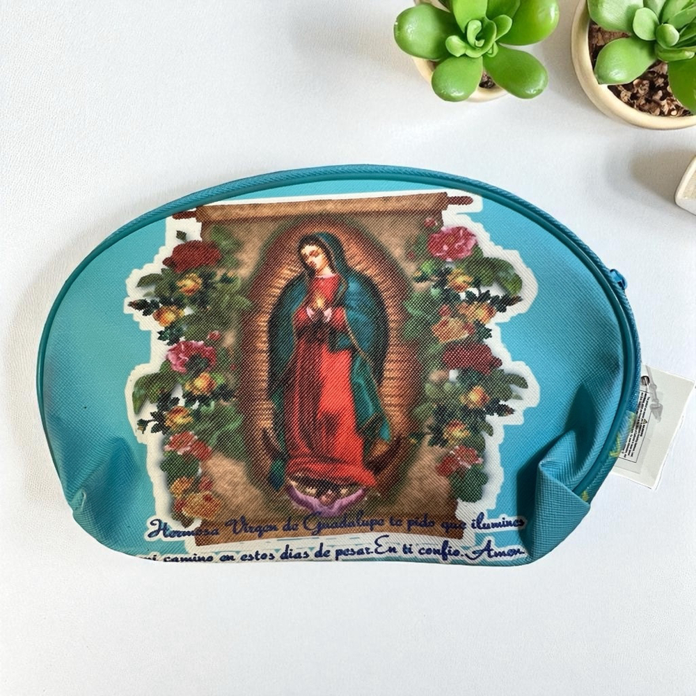 Virgen de Guadalupe Cosmetic Makeup Bag Zip Pouch Turquoise Travel Case 8 x 6”